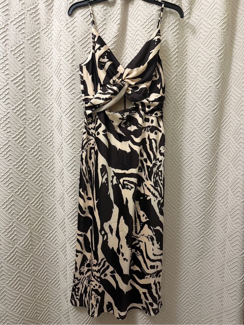 Nine West Spaghetti Strap Twist-Front Midi Dress in Brown & Cream